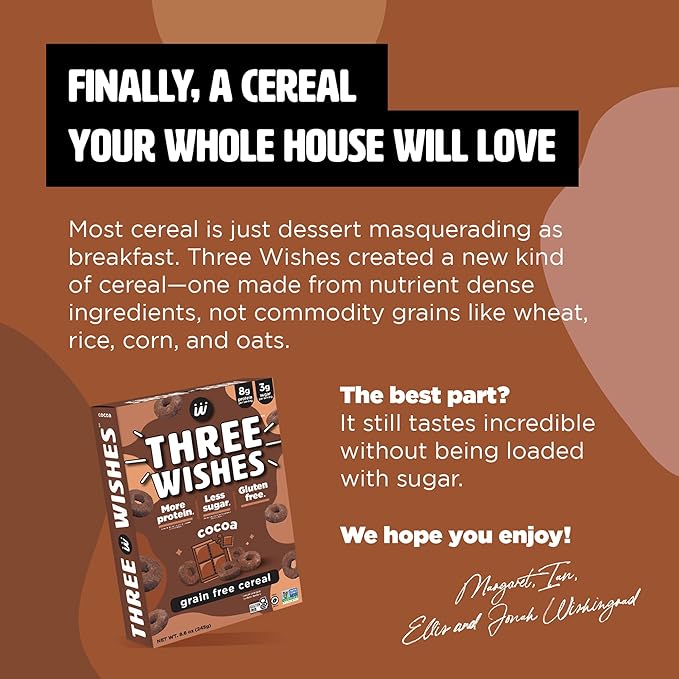 Three Wishes Grain-Free & Protein Cereal - Healthy, Low Sugar & Gluten-Free Breakfast Cereal - Low Carb, Plant-Based, Vegan & Non-GMO - Cocoa, 4-Pack