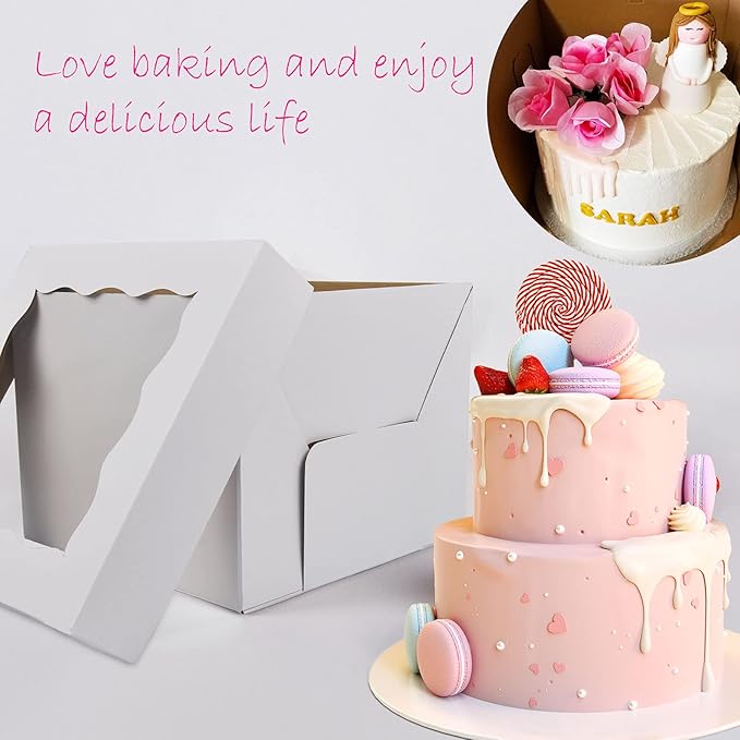 KBG Cake Boxes 10pcs 10x10x8 Inches With Window Tall Cake Box for Tier Cakes for Wedding Birthday Transport,Sturdy White Bakery Box Disposable Cake Containers Cake Boxes 10 inch