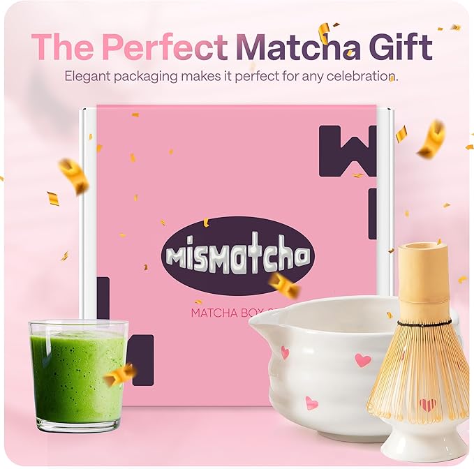 Matcha Whisk Set with Pink Hearts - 6 Piece Ceramic Matcha Set with a Bowl, Whisk, Stand, Spoon and Sifter - Designed in the UK - Gift Set