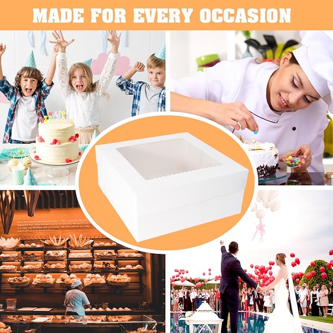 JJO Cake Boxes with Window 14x14x6 Inch 10 Pack,Wedding Cake Boxes,Large Cake Carrier,Disposable Cake Containers for Brownie,Pastries,Cheesecake