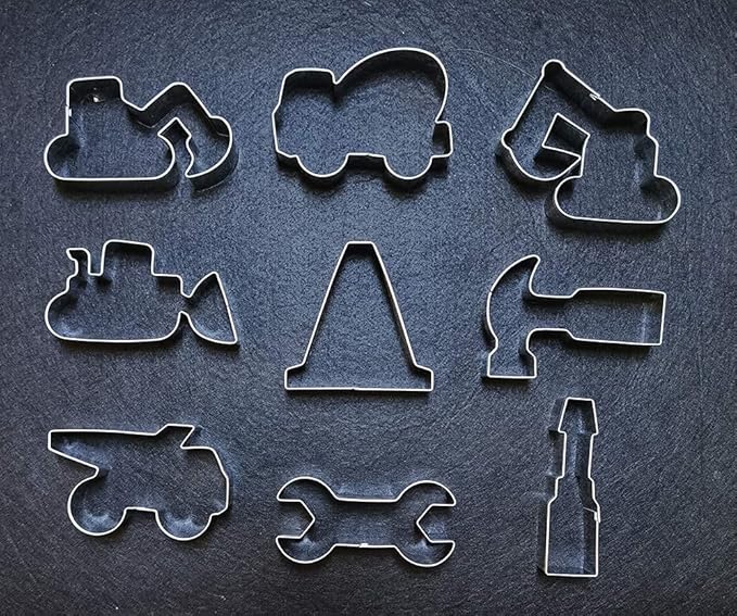 Construction Cookie Cutter Set-3 Inches-9 Piece- Excavator Digger Bulldozer Dump Truck Hammer Wrench Construction Tools Cutters Molds for Kids Construction Themed Party
