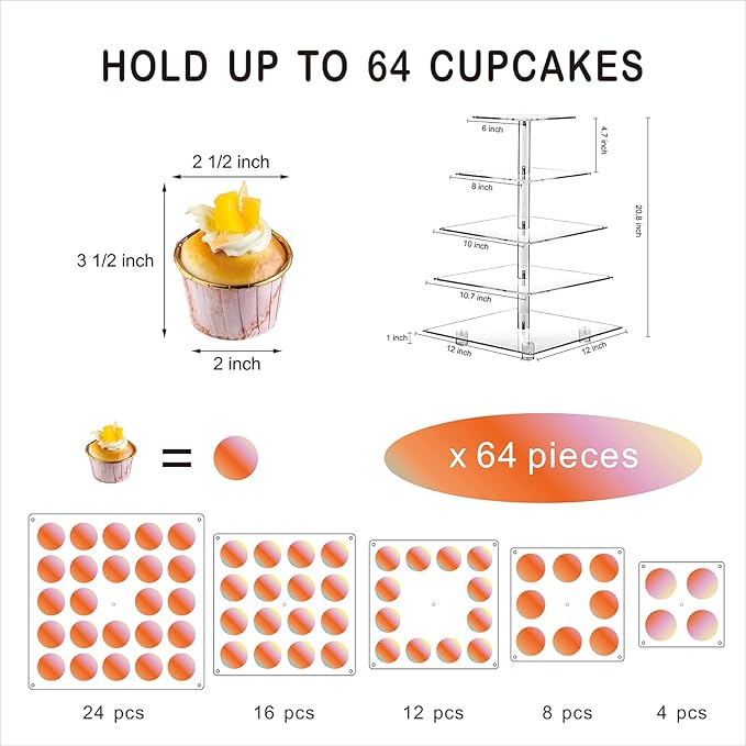 Cupcake Stand, 5-Tier Square Cupcake Holder with LED Light String, Acrylic Cupcake Tower Display-Dessert Tower-Pastry Stand-Cupcake Tier Stand for Wedding, Birthday Party (Colorful Light)…