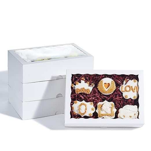 50PCS 10 x 7 x 2.5 inches One Piece White Bakery Boxes, Strawberry Boxes, Elegant White Cookie Boxes with Display Window