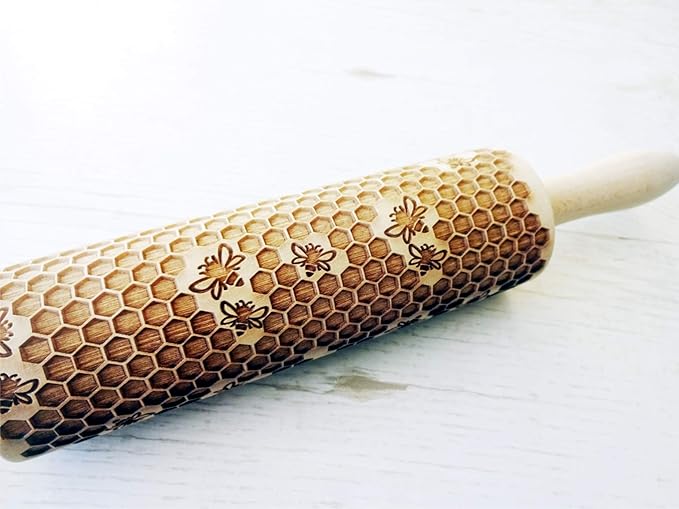HONEYCOMB EMBOSSING ROLLING PIN LASER ENGRAVED ROLLING PIN with BEES PATTERN FOR HOMEMADE COOKIES