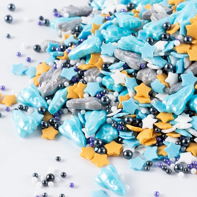 Space Theme Sprinkles Edible Blue Sliver Rocket Stars Sprinkles Galaxy Spacecraft Pearls Sugar Candy for Cookie Decorations Baking Cake Cupcake Topper Decoration 4.2 Ounce