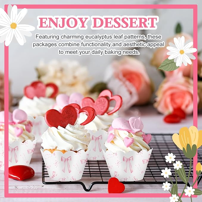 Domensi 100 Pcs Pink Bow Cupcake Wrappers Rustic Cupcake Liners Pink Baking Cups Baking Liners for Wedding Bridal Baby Shower Birthday Breast Cancer Awareness Party Supplies Dessert Decoration