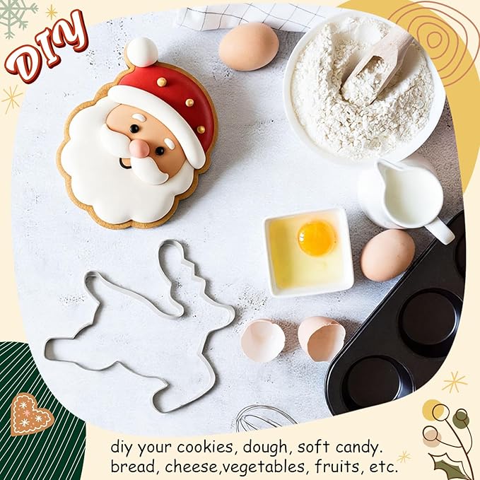 6 Pcs Large Christmas Cookie Cutters 8" Stainless Steel Metal Xmas Baking Cookie Molds for Holiday, Elk, Christmas Tree, Stocking, Santa Face, Mitten, Bell