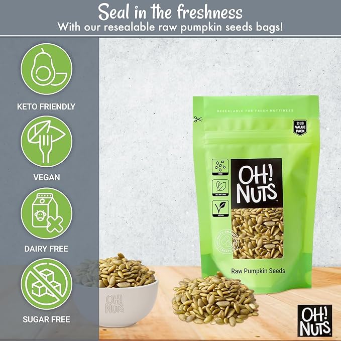 Oh! Nuts Pepitas Raw Unsalted Pumpkin Seeds - All-Natural Protein Power - Fresh, Healthy Keto Snacks - Resealable 2 Pound Bulk Bag - Unshelled Pepitas - Vegan & Gluten-Free Snacking