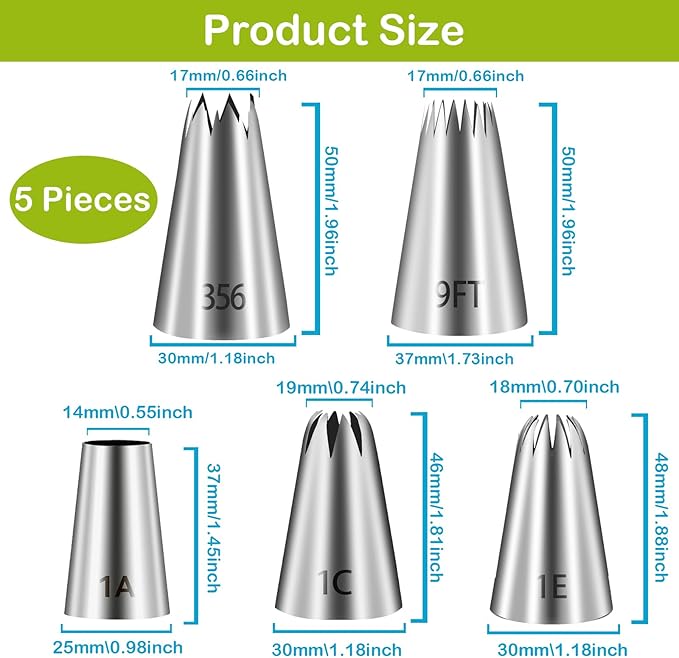 FANTEXY Large Piping Tips Set,5 Pieces Stainless Steel Pastry Cake Decorating Tips, Cupcake Frosting Piping Kit for Buttercream,Cookie (1A, 356, 1C, 1E, 9FT)