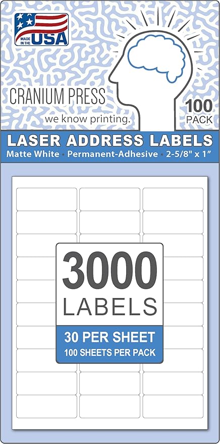 Perfect Peel Printable Address Labels (3,000 Labels), 1" x 2-5/8" Customizable Stickers, White, Blank, Great for mailing, Shipping, and More (Compatible with 5160) (8.5x11, 100, Count)