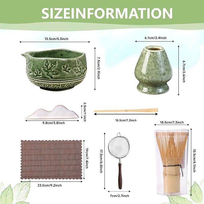 7 Pcs Matcha Whisk Set, Ceremony Matcha Kit with Matcha Bowl, Bamboo Whisk and Holder, Scoop and Scoop Rest, Sifter and Tea Towel, Gift for Matcha Lovers (Mottled Green/Maple Leaf-Patterned)