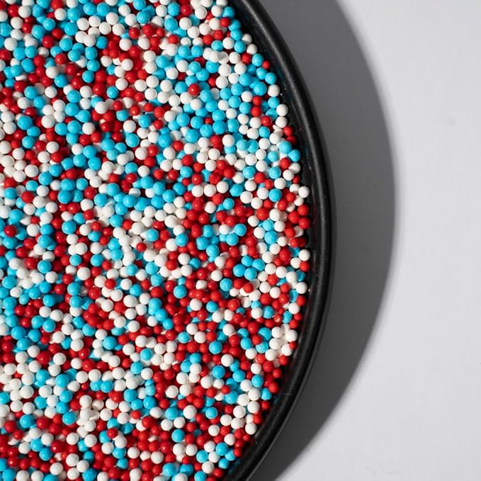Nonpareils Sprinkles, White Edible Pearl Sprinkles for Cake Decorations, Baking, Ice Cream, Cookies, Cupcake Topper Edible Pearls Sprinkles - 2mm Matte White Sugar Pearls for Cake Decorating ( 130g/4.6oz )1 Bottle (2mm red blue)