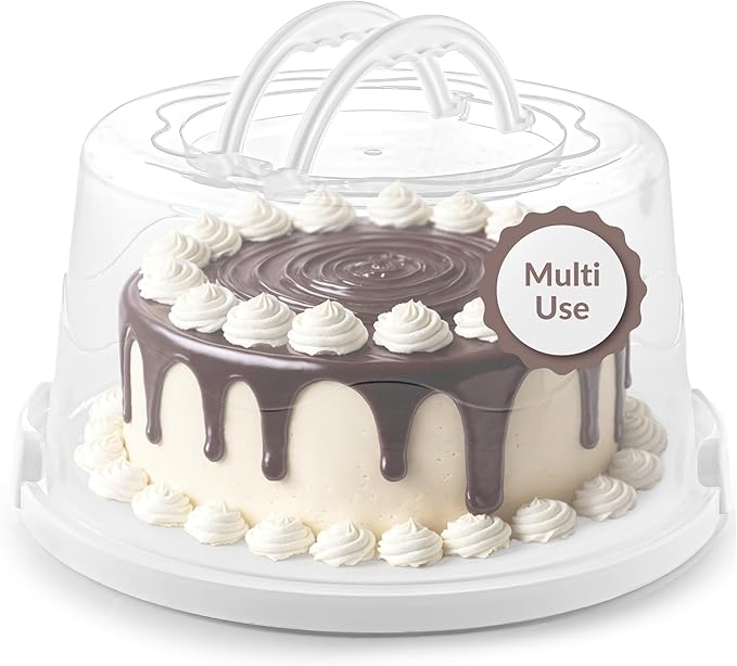 EXTRA LARGE & EXTRA STURDY Cake Carrier, Cake Stand with Lid and Foldable Handles - Multifunctional Serving Platter and Cake Plate - Cake Container with Dome and Strong Snaps 13 x 13 x 7 inch (White)