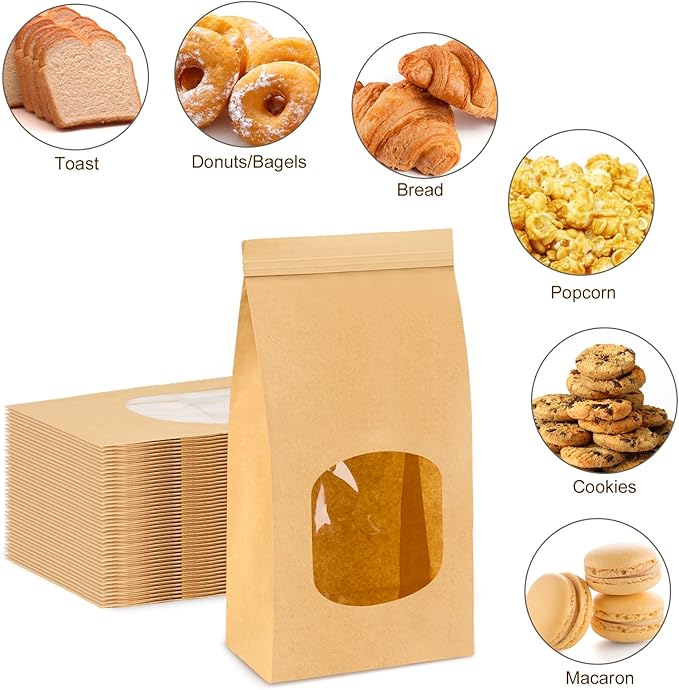 Ocmoiy 100Pcs Medium Bakery Cookie Bags with Window, 4.5x2.36x9.6 Inch Tin Tie Tab Lock Kraft Paper Bags with Thank You Stickers for Cookie, Coffee, Bread