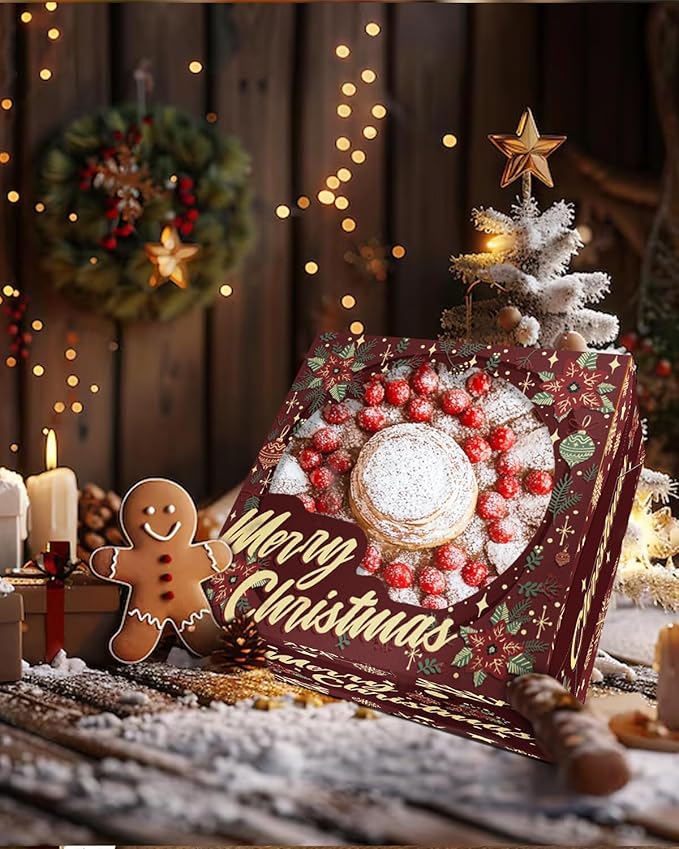 Bakepacker Christmas 4pcs 8x8x5 inches Cake Boxes with Window 4-Packs, 8 Inch Bakery Box Colorful Christmas