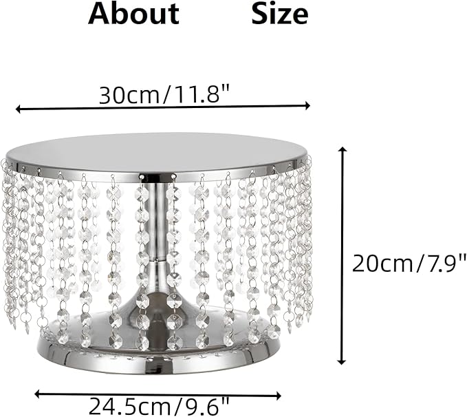 LANLONG Cake Stand for Dessert Table 12 Inch Silver Crystal Pendants Metal Cake Stand Serves as A Round Dessert Cupcake Display Plate for Table, Wedding, Party, Event