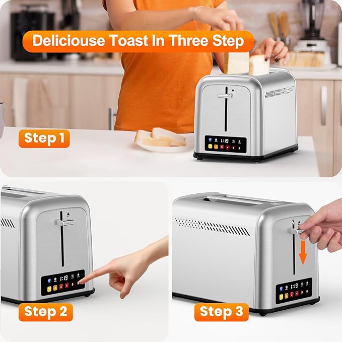 Touch Screen Toaster 2 Slice Retro Stainless Steel,Best Prime 2 Slice Toaster Wide Solt with 6 Shade Settings, Perfect for Waffles, Bagels and More 238TC(Silver)