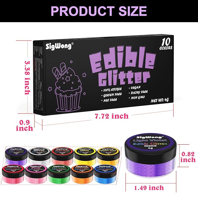Edible Glitter - 10 Colors Luster Dust Edible Set for Drinks, Food Grade Edible Glitter Dust for Cake Decorating, Cocktail, Fondant, Strawberries, Candy, Christmas Cookie, Chocolate. Vegan and Gluten Free - 4g/bottle