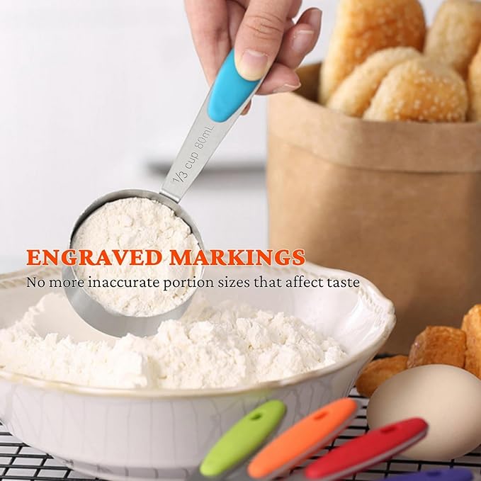 Stainless Steel Measuring Cups and Spoons Set of 16, 5 Measuring Cups with Colored Silicone Handles, 6 Nesting Spoons, 5 Mini Spoons, Kitchen Gadgets for Cooking & Baking, Dry and Liquid Ingredients