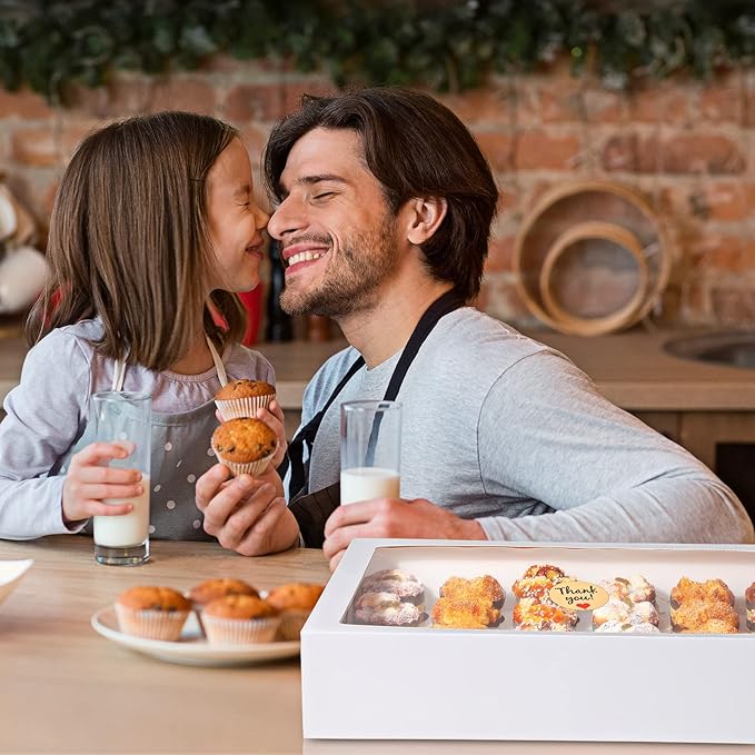 Fuutreo 10 Pack White Cupcake Boxes with Window 21 x 13 x 4 Inches 24 Count Auto Pop up Large Cookie Boxes Cupcake Containers with Thank You Label Stickers for Muffins Pastries Donuts Cookies