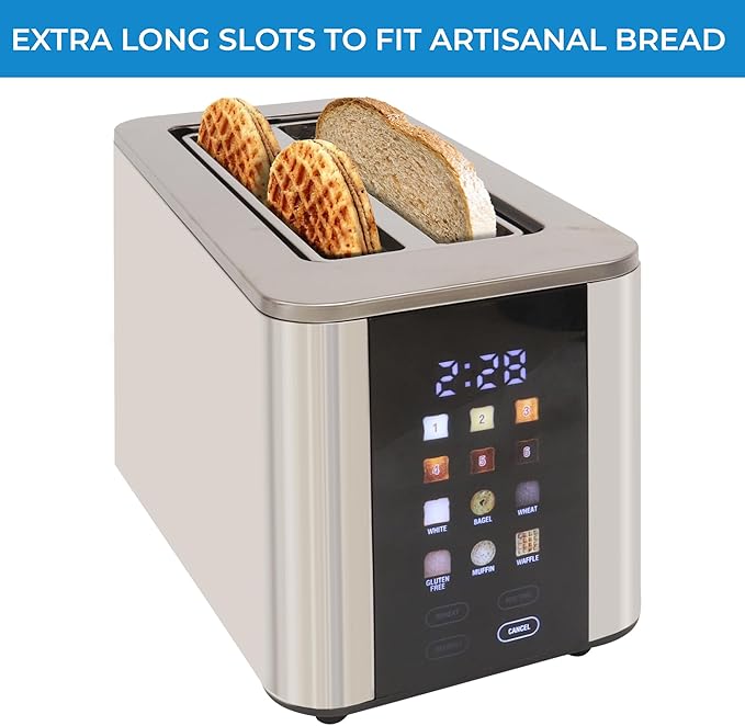 Kenmore 4-Slice Long Slot Toaster | Color Touch Screen & 6 Shade Settings | Extra Wide Slots | Digital Timer | Customizable Smart Presets | Reheat, Defrost, Add Time Functions | Stainless Steel