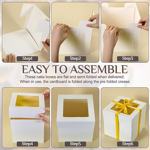 48 Pcs Cake Boxes with Boards 24 Baking Boxes with Window 24 Cake Boards 2 Rolls Silk Ribbon Large Square Baking Storage in 3 Sizes 12x12x8, 10x10x8, 8x8x8 Inch Disposable Dessert Containers