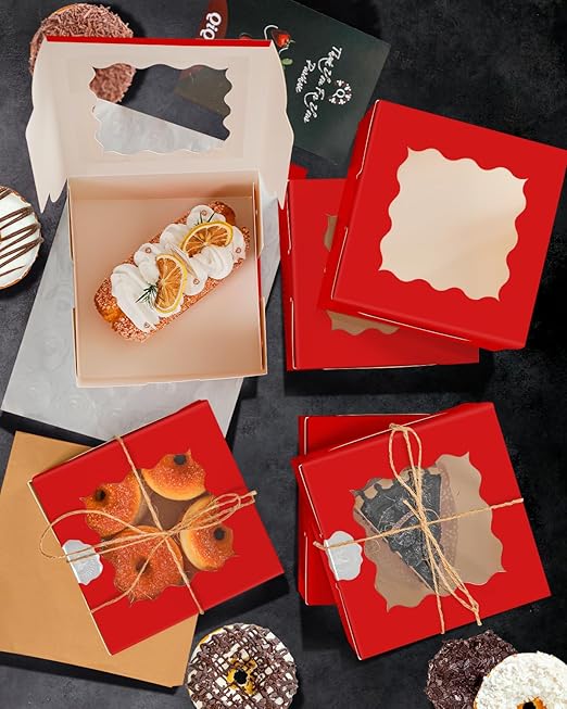 qiqee Bakery Box with Window 36packs 6x6x3 Red Cookie Boxes Pastry Box for Wedding Favor Party & Birthday