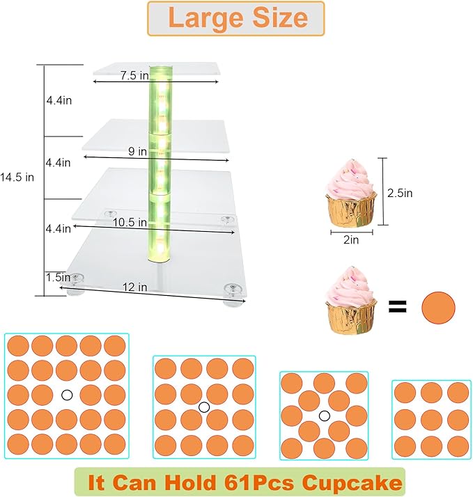 Cupcake Stand Acrylic 4 Tier Tower Display Cupcake Cake Stand with Remote LED Light,Multiple Color Changing Modes,Transparency Serving Tray for Any Parties Events(Large Size)