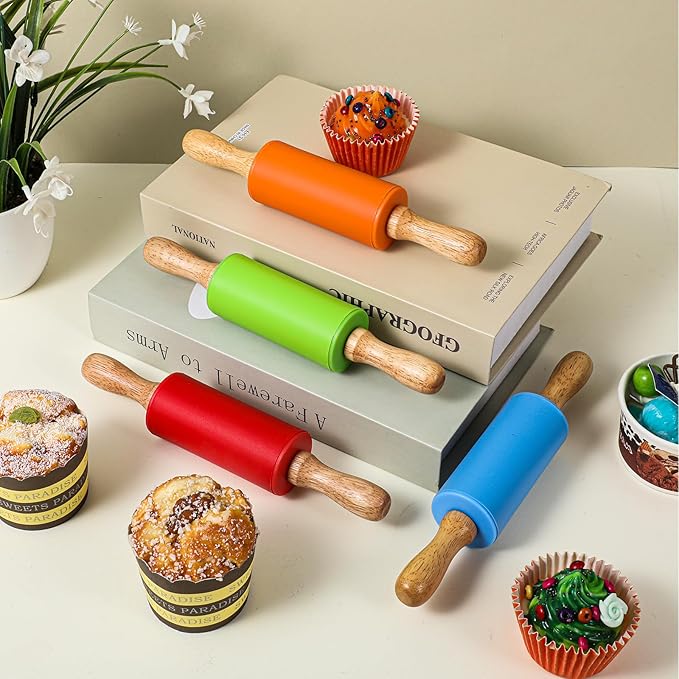 12 Pcs Small Rolling Pin 9 Inch Mini Rolling Pin Silicone Wooden Cooking Pins Baking 4 Colors Non Stick with Wooden Handle for Kitchen Dough Cookie Pastry Fondant Cake