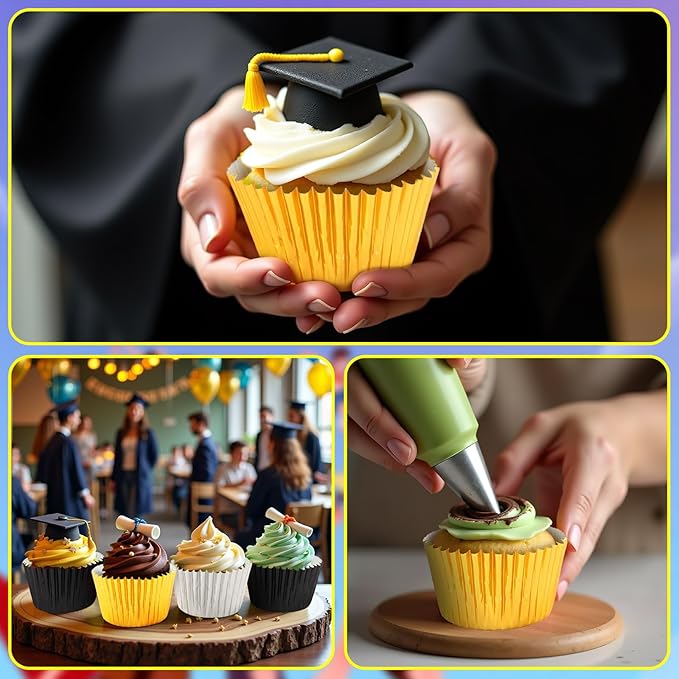 SANNIX 450Pcs Graduation Foil Cupcake Liners Black Gold Silver Cupcake Wrappers Foil Metallic Muffin Liners Baking Cups for Graduation Birthday New Year Party Decorations Supplies