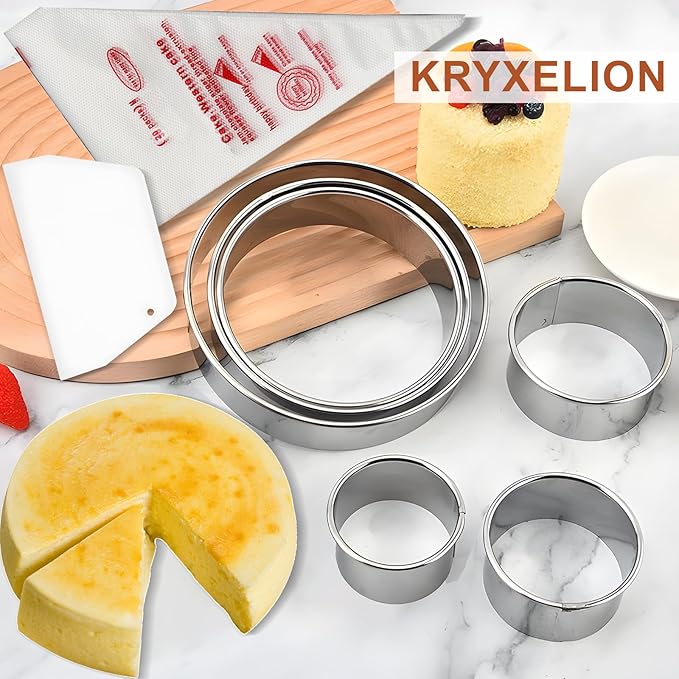 8Pcs Round Cookie Cutter Set,6 Stainless Circle Cookie Cutter(2/3/3.5/4/5/6 Inch) with Hard Flexible Plastic Dough Scrapers and 10 Piping Bags, Biscuit Cutters for Baking Cookies, Pastries and Donuts