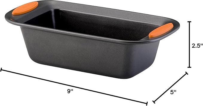 Rachael Ray Yum-o! Bakeware Oven Lovin' Nonstick Loaf Pan, 9-Inch by 5-Inch Steel Pan, Gray with Orange Handles