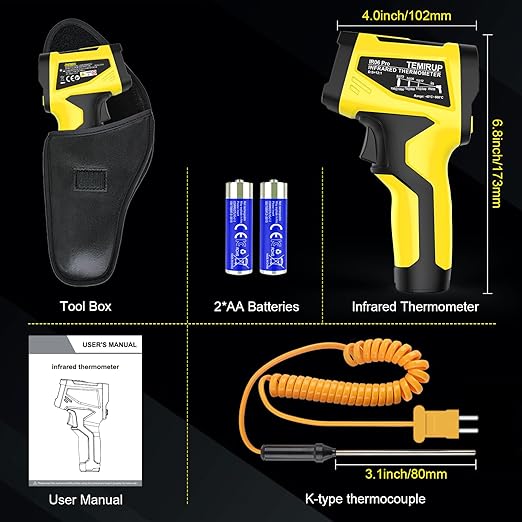 Infrared Thermometer Gun,-40°F to 1472°F,Digital Laser Temperature Gun with Thermocouple Probe,Non-Contact IR Temp Gun for Cooking, Pizza Oven, HVAC, Engine, Griddle, Adjustable Emissivity&MAX