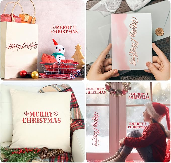 4 Pieces Merry Christmas Stencil Reusable Stencils for Painting Christmas Decoration Painting Template for Furniture, Wall, Window, Fabric, Wood,4 Different Sizes (Merry Christmas)