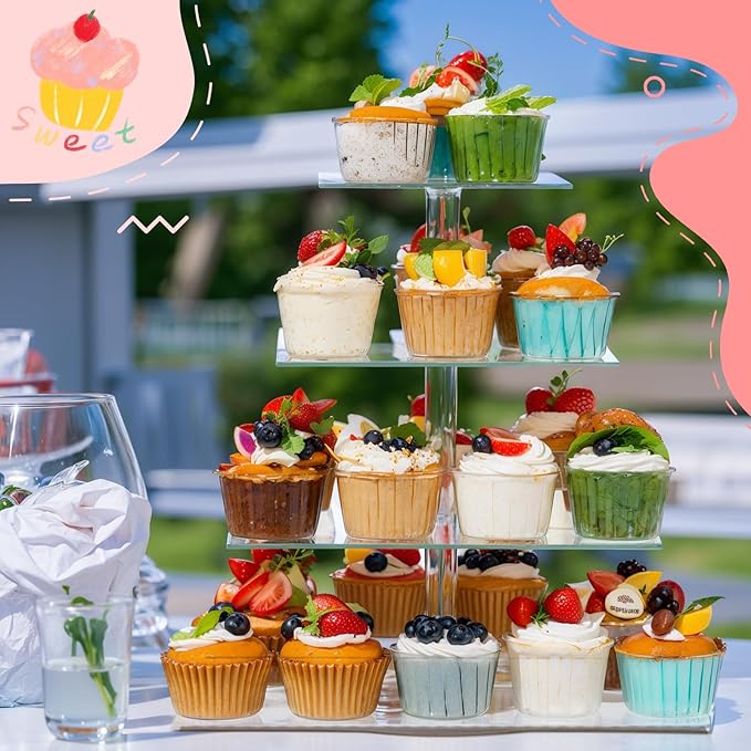 Tiered Cupcake Display Stand Rotatable Cake and Cupcake Tower Stand Combo Clear Acrylic Cake Holder with Tiered Tray for Dessert Pastry Birthday Wedding Party Table(4 Tire and Rectangle)