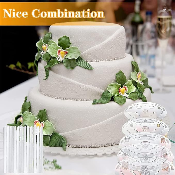 28-Piece Dowel Rods Set Includes 12 White Plastic Rods and 4 Separator Plates For 4, 6, 8, 10 Inch Cakes