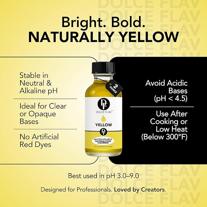 Dolce Flav Natural Yellow Food Coloring β 2 oz Bright Plant-Based Color from Curcumin | Water-Soluble Liquid Color for Baking, Drinks & Frostings | Graduated Dropper Included | | Kosher | No Artificial Dyes | Made in USA