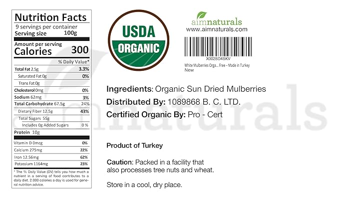 White Mulberries Dried Organic Bulk 2 Lbs Bag– USDA Organic Certified – Sun Dried, Raw, Non GMO & Gluten Free – Product of Turkey