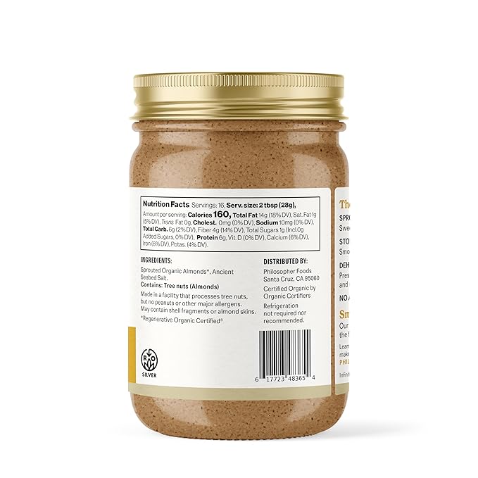 Philosopher Foods - Naked Creamy Organic Sprouted Almond Butter - 16 oz - Stone Ground Regenerative Organic Creamy Almond Nut Butter No Sugar Added