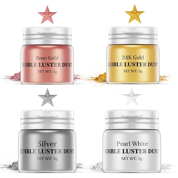 Luster Dust Edible Set - 4 Colors Food Grade Shimmer Nomeca Cake Dust Metallic Food Coloring Powder Glitter for Cake Decorating, Baking, Fondant, Gumpaste, Chocolate, Candy, Drinks, Cookie-(3g/Bottle)