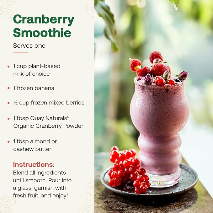 Quay Naturals Organic Cranberry Juice Powder, 4oz | Made from US-Sourced Cranberries | USDA Organic, Freeze-Dried, Non-GMO, No Additives | For Smoothies & Baking