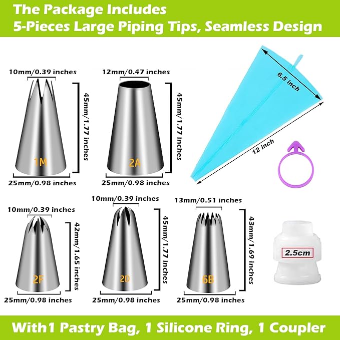 Suuker Large Piping Tips Set, Stainless Steel Cake Decorating Tips, Large Pastry Tips and Piping Bags, Frosting Icing Tips for Cupcakes, Cake, Cookie (1M 2D 2F 6B 2A)