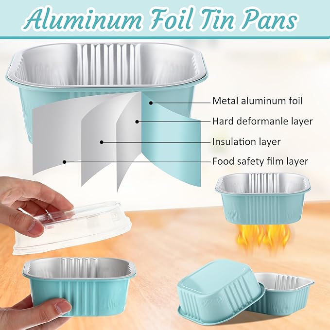 Aoriher 300 Pieces 10 oz Mini Cake Pans with Lids, Aluminum Foil Baking Cups, Square Disposable Cupcake Cups Baking Tins for Wedding Birthday Party Supplies(Light Blue)