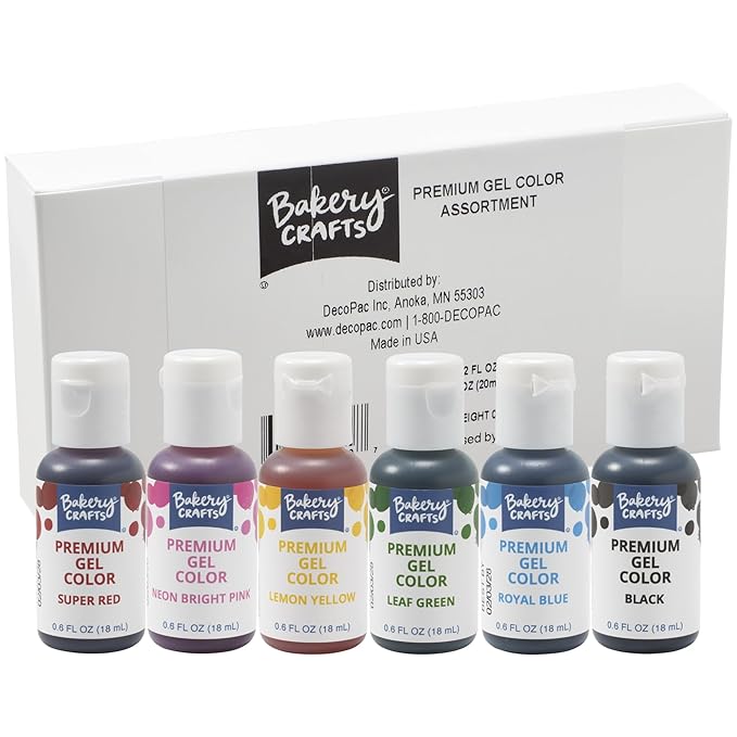 Bakery Crafts Premium Gel Food Color 6 Bottle Assortment, 4.2 Fl Oz, Edible Coloring For Use with Cake Mix, Buttercream, Whipped Icing, Fondant & Piping Gel, Highly Concentrated, Red, Pink, Yellow, Green, Blue, Black - 6 x 0.7FL
