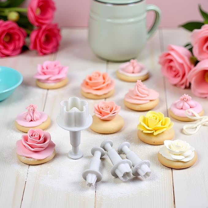 4Pcs White Flower Plunger Cookie Cutter DIY Blossom Flower Cake Fondant Mold Plastic Cake Decorating Tools Baking Accessories Cookie Cutters For Baking Plastic, Dessert and Candy Sculpting Tools