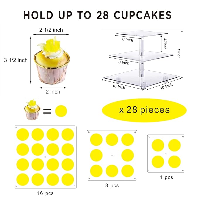Cupcake Stand, 3-Tier Cupcake Holder with LED light String, Acrylic Cupcake Tower Display-Dessert Tower-Pastry Stand-Cupcake Tier Stand for Wedding, Birthday party ( Yellow Light)