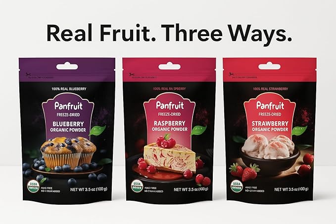 Panfruit Freeze-Dried Organic Fruit Powder Variety Pack – Blueberry, Raspberry & Strawberry – No Sugar Added, Non-GMO – Smoothie & Baking Mix, 3 x 3.5 oz