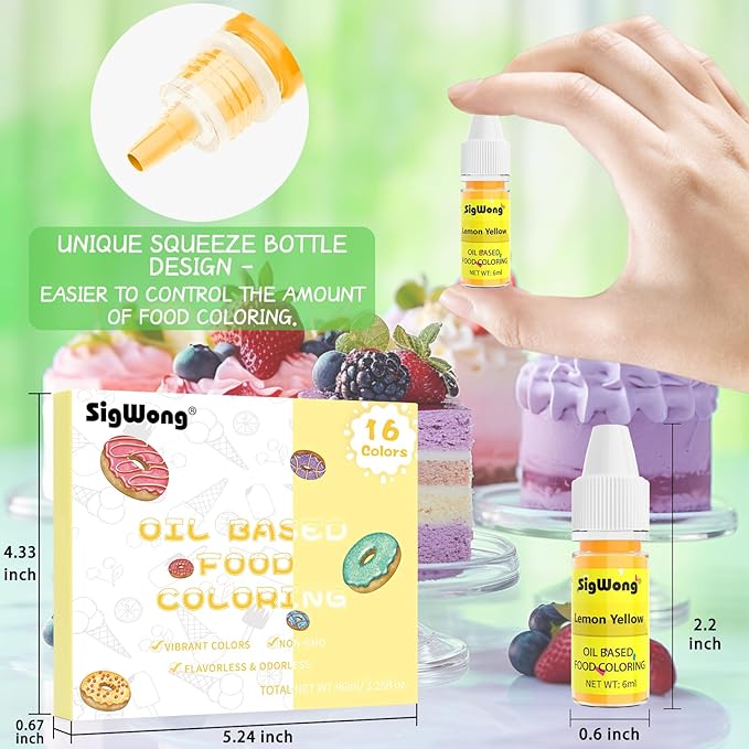 Oil Based Food Coloring for Chocolate - SigWong 16 Colors Upgraded Edible Food Dye Coloring for Christmas Cake Decorating, Baking Cake Color, Cookie, Icing Frosting, Fondant, Meringues - 0.25 Fl.Oz Bottles