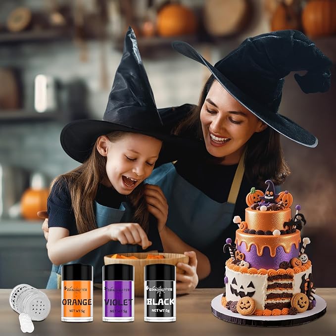 Edible Glitter 4 Colors Set - Vegan Edible Sparkle Dust for Drinks, Cakes, Baking & Party Decor - Halloween Edible Shimmer Powder Orange, Black, White, Violet - 5g/Bottles