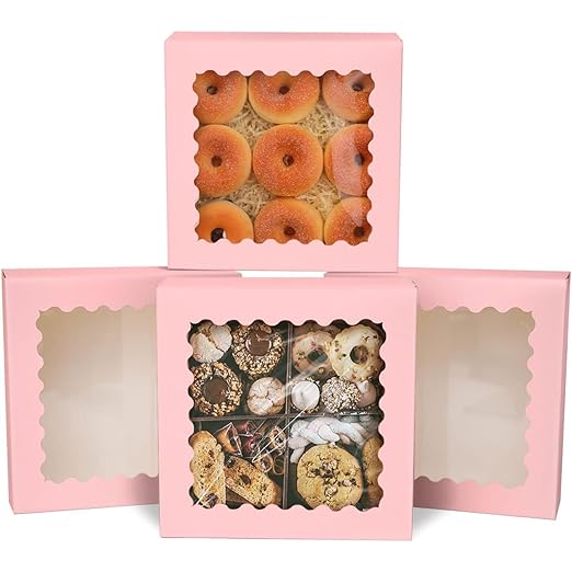 qiqee Auto-pop Up Pink Pastry Box With Window 8x8x2.5 Inch Donut Pie Boxes 30pcs Bakery Box